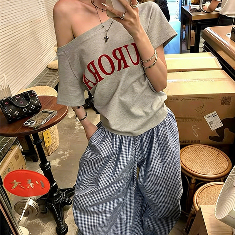 Dealbabad Letter Print Asymmetric Off-Shoulder Short Sleeve Tee - product image 1