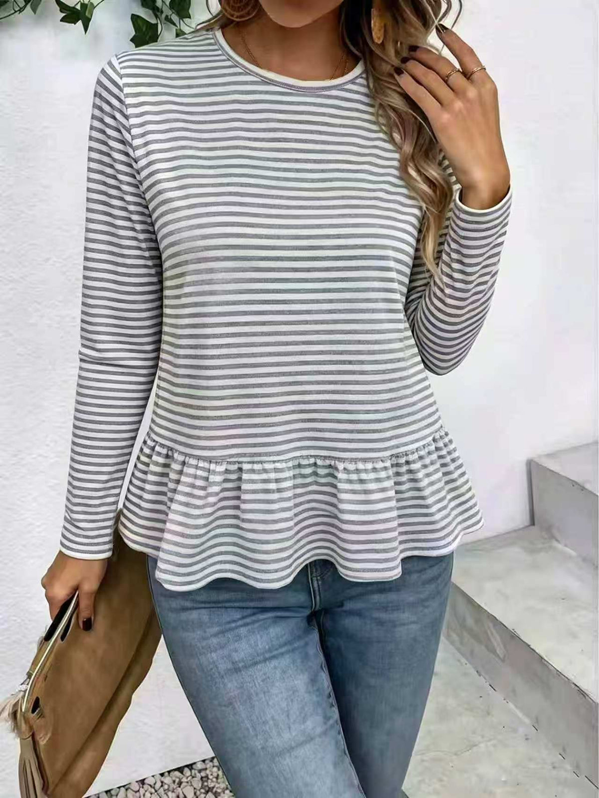 Dealbabad Striped Crew Neck Loose A-Line Long Sleeve Tee - product image 1