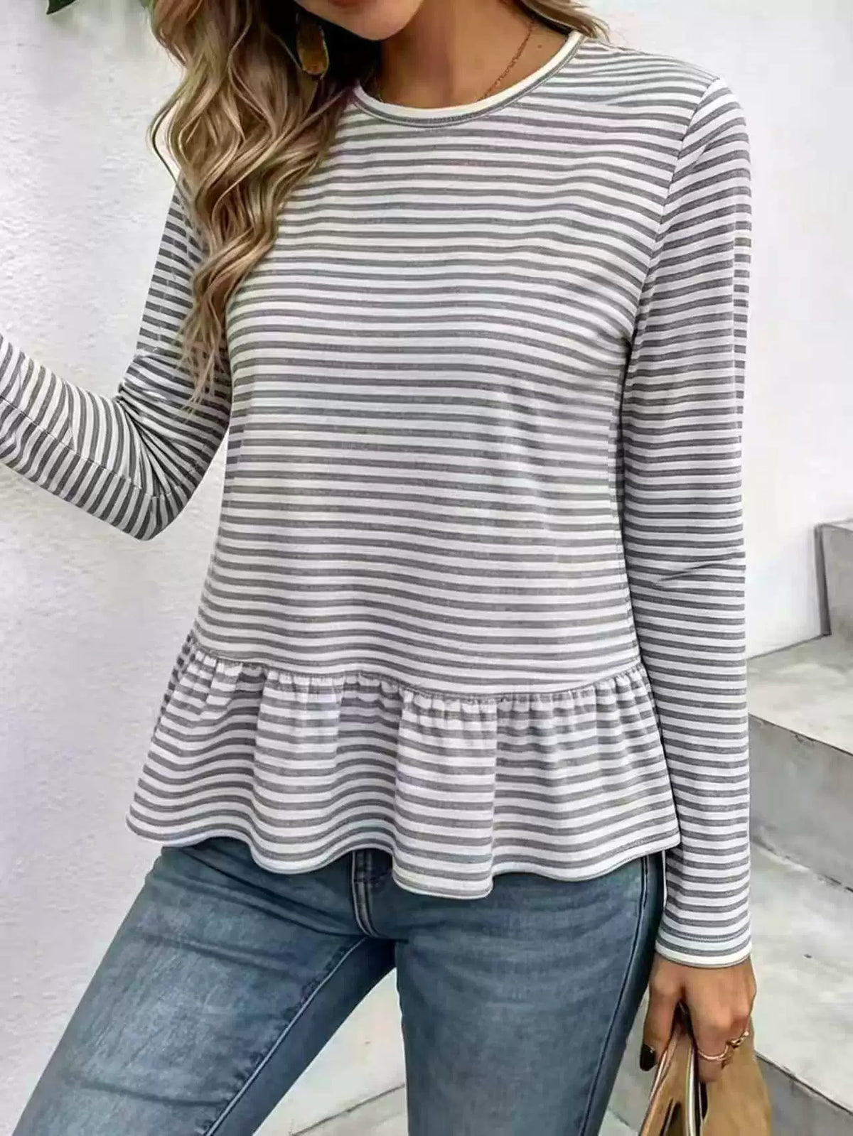 Dealbabad Striped Crew Neck Loose A-Line Long Sleeve Tee - product image 2