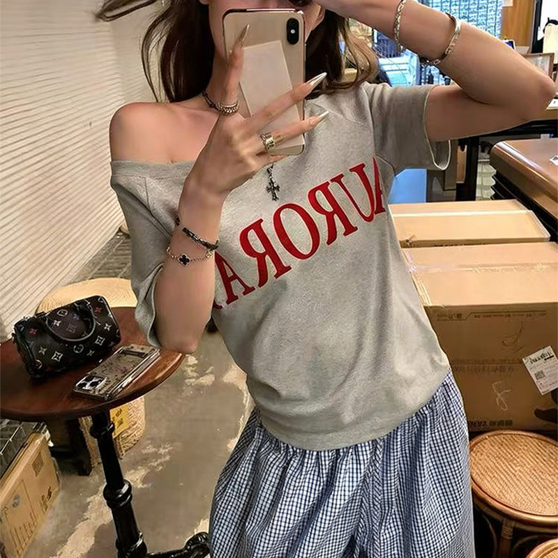 Dealbabad Letter Print Asymmetric Off-Shoulder Short Sleeve Tee - product image 2