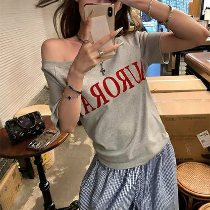 Dealbabad Letter Print Asymmetric Off-Shoulder Short Sleeve Tee - product image 2